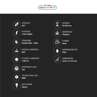 V-Tac Smart VT-5142 Lampadina LED Wi-Fi E27 14W Bulb A65 Goccia