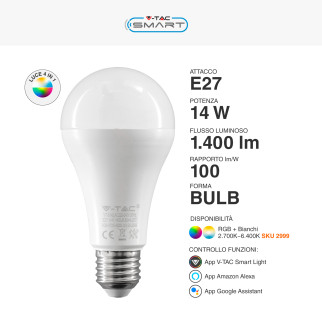 V-Tac Smart VT-5142 Lampadina LED Wi-Fi E27 14W Bulb A65 Goccia