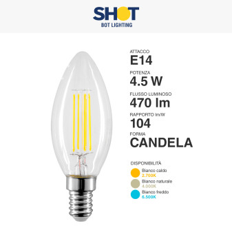 Bot Lighting Shot Lampadina LED E14 4.5W Candle C35 Candela Filament