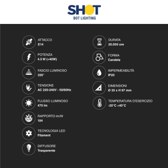 Bot Lighting Shot Lampadina LED E14 4.5W Candle C35 Candela Filament