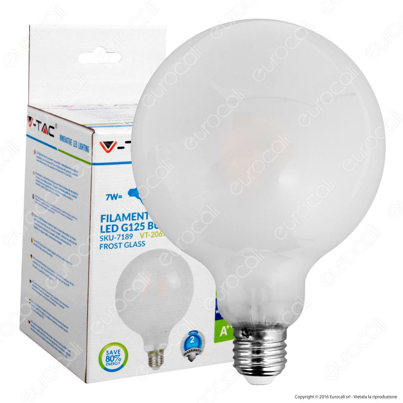 V-Tac VT-2067 Lampadina LED E27 7W Globo G125 Frost Filamento - SKU