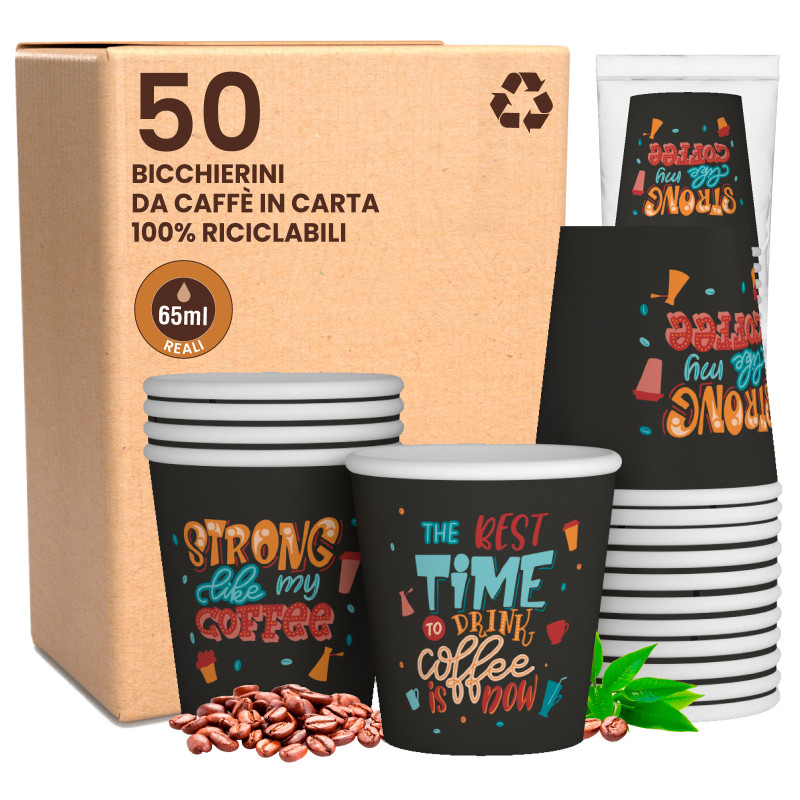 Bicchierini da Caffè in Carta Riciclabile con Fantasia StrongLifeCUP da 65ml - Confezione da 50