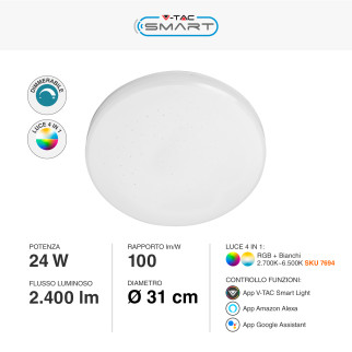 V-Tac Smart VT-5184 Plafoniera LED Rotonda 24W SMD RGB+W