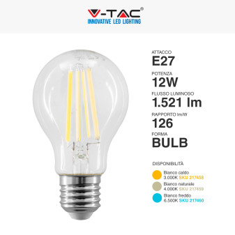 V-Tac VT-2133 Lampadina LED E27 12W Bulb A60 Goccia Filament