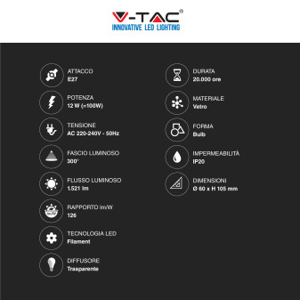 V-Tac VT-2133 Lampadina LED E27 12W Bulb A60 Goccia Filament