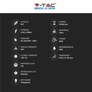 V-Tac VT-2133 Lampadina LED E27 12W Bulb A60 Goccia Filament