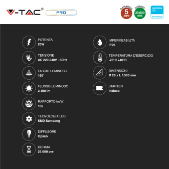 V-Tac Pro VT-151 SMD Tubo LED Nano Plastic T8 G13 20W Lampadina