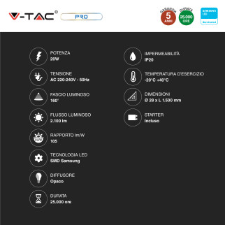 V-Tac Pro VT-151 SMD Tubo LED Nano Plastic T8 G13 20W Lampadina