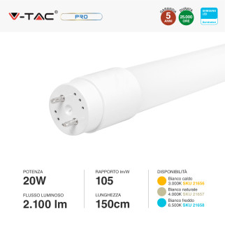 V-Tac Pro VT-151 SMD Tubo LED Nano Plastic T8 G13 20W Lampadina