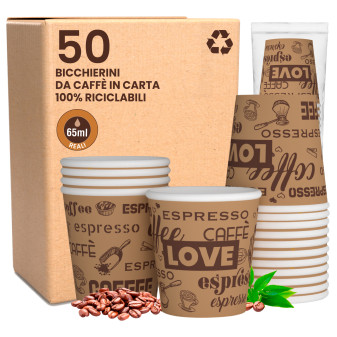 Bicchierini da Caffè in Carta Riciclabile con Fantasia Love BrownCUP da 65ml - Confezione da 50