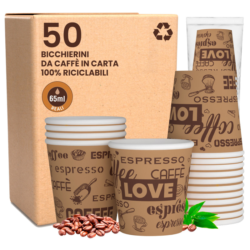 Bicchierini da Caffè in Carta Riciclabile con Fantasia Love BrownCUP da 65ml - Confezione da 50