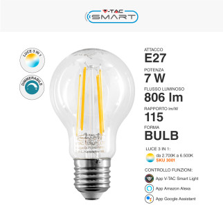 V-Tac Smart VT-5137 Lampadina LED E27 7W Bulb A60 Goccia