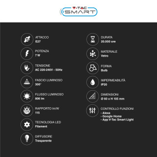 V-Tac Smart VT-5137 Lampadina LED E27 7W Bulb A60 Goccia