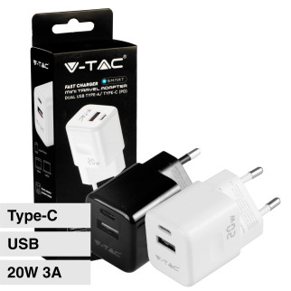 V-Tac Smart VT-5320 Caricabatterie con Spina 10A 2P Adattatore Porta USB e Type-C Ricarica Rapida