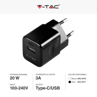V-Tac Smart VT-5320 Caricabatterie con Spina 10A 2P Adattatore Porta USB e Type-C Ricarica Rapida