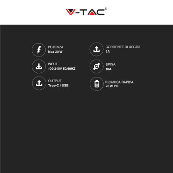 V-Tac Smart VT-5320 Caricabatterie con Spina 10A 2P Adattatore Porta USB e Type-C Ricarica Rapida