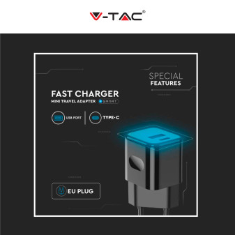 V-Tac Smart VT-5320 Caricabatterie con Spina 10A 2P Adattatore Porta USB e Type-C Ricarica Rapida