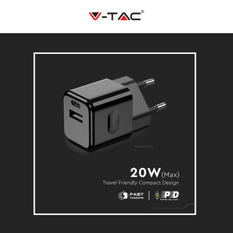 V-Tac Smart VT-5320 Caricabatterie con Spina 10A 2P Adattatore Porta USB e Type-C Ricarica Rapida