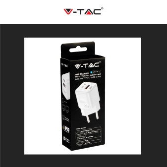 V-Tac Smart VT-5320 Caricabatterie con Spina 10A 2P Adattatore Porta USB e Type-C Ricarica Rapida