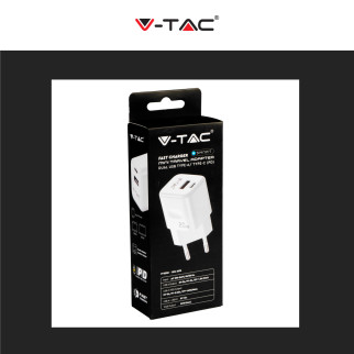 V-Tac Smart VT-5320 Caricabatterie con Spina 10A 2P Adattatore Porta USB e Type-C Ricarica Rapida
