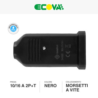 Ecova Presa Bipasso 10/16A 2P+T IP44 in Gomma Antispruzzo con Uscita Cavo Dritta Colore Nero - mod.