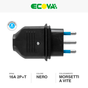 Ecova Spina 16A 2P+T IP44 in Gomma Antispruzzo con Uscita Cavo Dritta Colore Nero - mod. 33200