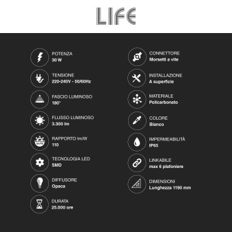 Life Tubo LED Plafoniera 30W Lampadina SMD IP65 120cm - mod.