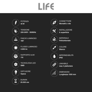 Life Tubo LED Plafoniera 45W Lampadina SMD IP65 150cm - mod.