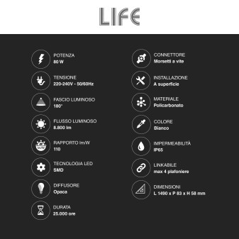 Life Tubo LED Plafoniera 80W Lampadina SMD IP65 150cm - mod.