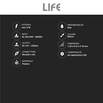 Alimentatore a Tensione Costante 15W per LED 12V Life