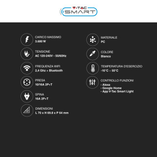 VT-5175 Presa 10/16A 2P+T Wi-Fi Spina 16A 2P+T V-Tac Smart
