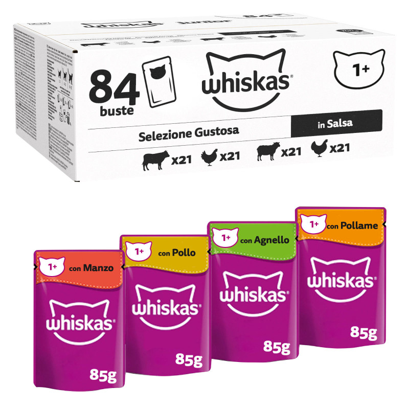 84 Bustine Pollo Agnello Manzo Pollame Whiskas Cibo Gatti
