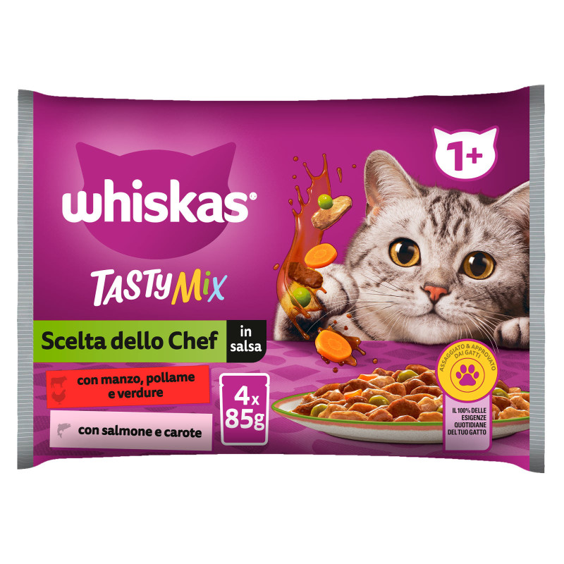 Cibo per Gatti Manzo Pollame Verdure Salmone Carote Whiskas