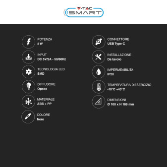 VT-7208 Lampada LED da Tavolo 8W RGB Colore Nero V-Tac Smart