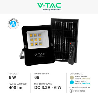 VT-55050 Faro LED 6W con Pannello Solare IP65 Nero V-Tac