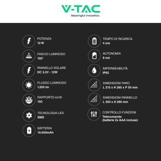 VT-55100 Faro LED 12W con Pannello Solare IP65 Nero V-Tac