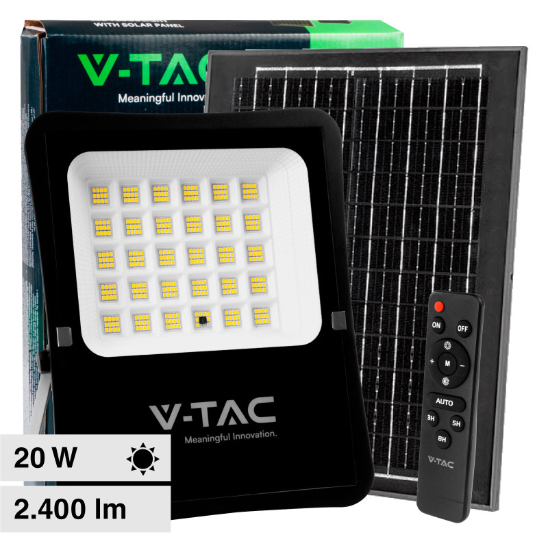 VT-55300 Faro LED 20W con Pannello Solare IP65 Nero V-Tac
