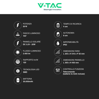 VT-55300 Faro LED 20W con Pannello Solare IP65 Nero V-Tac