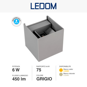 Lampada LED da Muro 6W SMD Applique IP54 Grigia Ledom