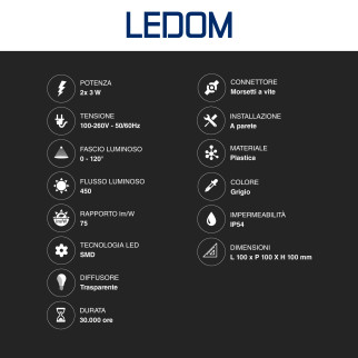 Lampada LED da Muro 6W SMD Applique IP54 Grigia Ledom
