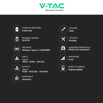 Power Bank 5000mAh Ricarica Rapida PD V-Tac VT-50005