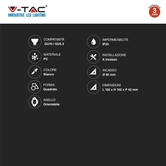 VT-933 Portafaretto Quadrato Bianco per GU10 GU5.3 V-Tac