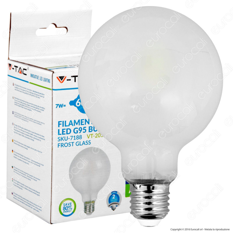 V-Tac VT-2057 Lampadina LED E27 7W Globo G95 Frost Filamento - SKU
