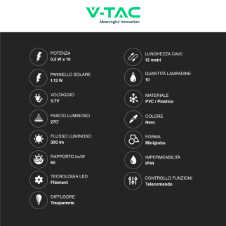 VT-70512 Catenaria con Pannello Solare 12 Metri IP44 V-Tac