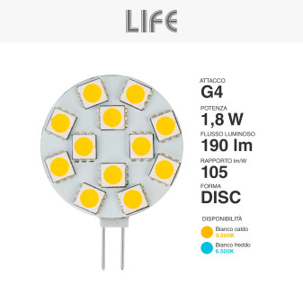 Lampadina LED G4 1.8W 12V Bulb Disc SMD Life