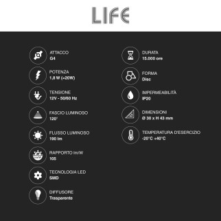 Lampadina LED G4 1.8W 12V Bulb Disc SMD Life