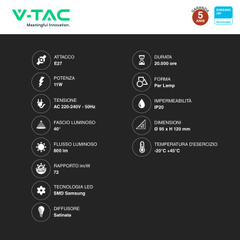VT-230 LED E27 PAR Lamp 11W PAR30 Chip Samsung SMD V-Tac Pro