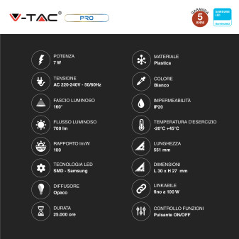VT-065 Tubo LED T5 Plafoniera Linkabile 7W SMD V-Tac Pro