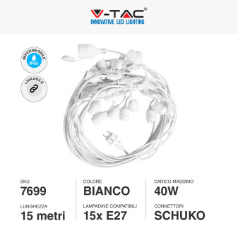 VT-713 Catena per 15 Lampadine LED E27 IP65 Bianca V-Tac