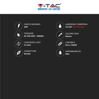 VT-713 Catena per 15 Lampadine LED E27 IP65 Bianca V-Tac